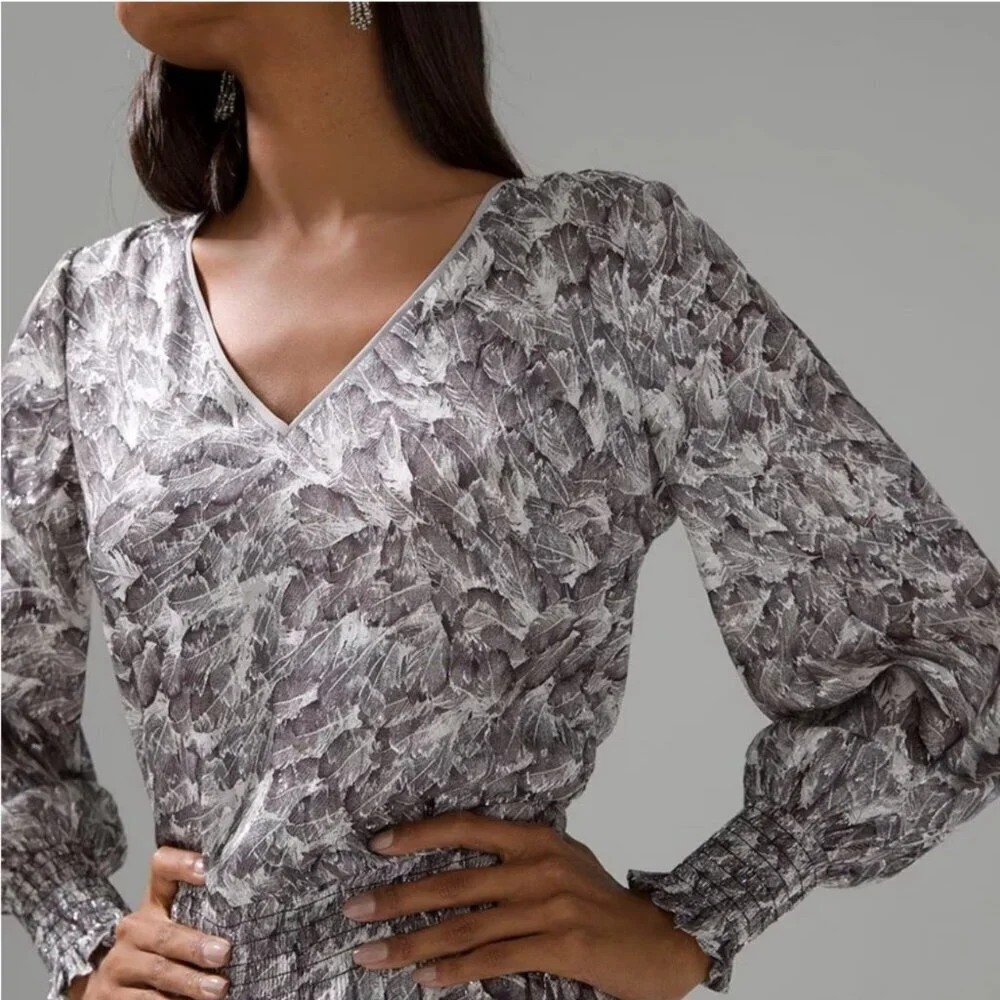 White House Silver Metallic Long Sleeve Petite Smocked Blouson Mini Dress XXS - Picture 14 of 14